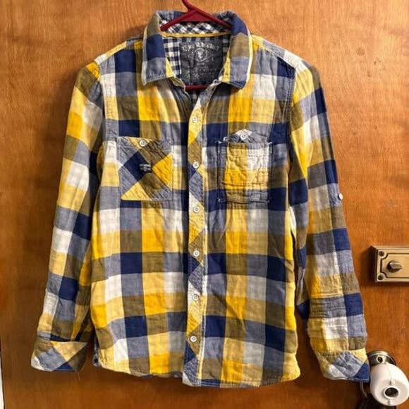 Blue Yellow Kid Long Sleeve Flannel Button Up Collared Casual Nice Youth Boys L - Picture 1 of 9